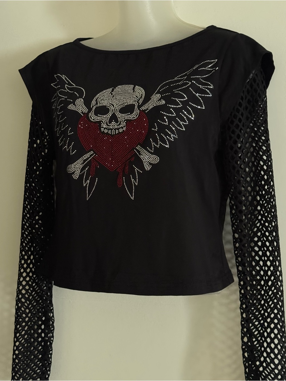SHEIN Black Long Sleeve Mesh Top with Rhinestone Skull & Heart